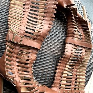 Rust color tall sandal boot with zipper 4 inch heel size 10 by Chelesa Zoe.